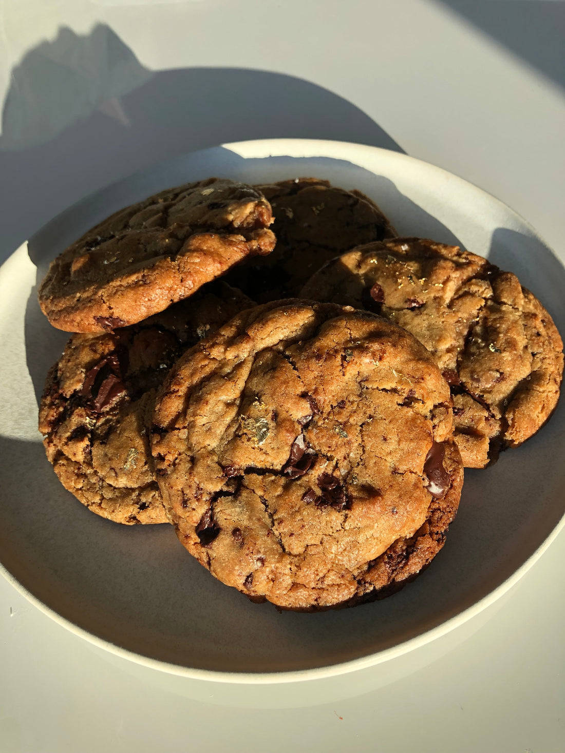 A plate of freshly baked chocolate chip cookies, golden brown with gooey melted chocolate chunks, ready to be enjoyed.